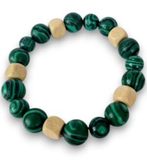 Браслет малахит + дерево, 10 мм, размер 17 см