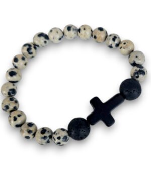 Браслет далматиновая яшма, вулканическая лава, крест агат 20 мм, камни 8 мм, 18 см