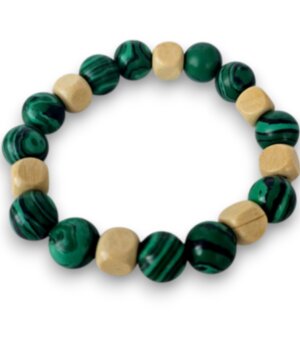 Браслет малахит с деревянными бусинами, 10 мм, 17 см, натуральные камни